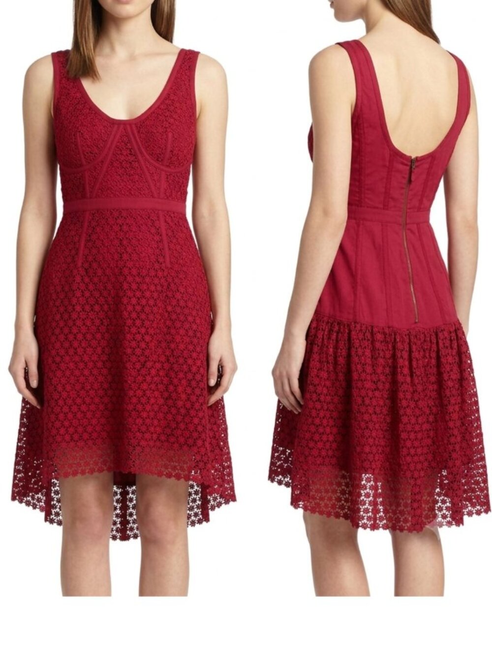 Tracy Reese Structured Corset Lace Dress Sz 2 Red Cotton Bodycon Party